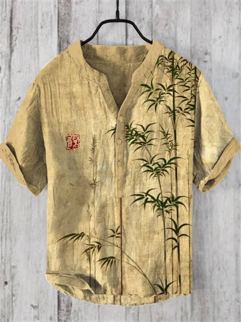 Hawaii Retro Men’s Short-Sleeve Top, Casual Fashion Clothing, Bamboo Pattern, Summer Shirt 2025